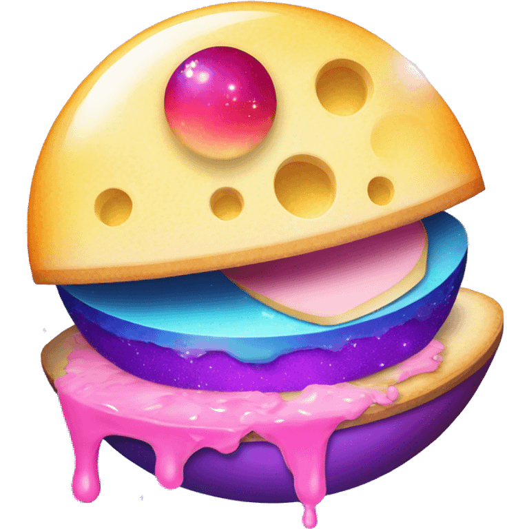 sparkly glittery blue purple and pink gradient planet with a saturn ring dripping cheese emoji