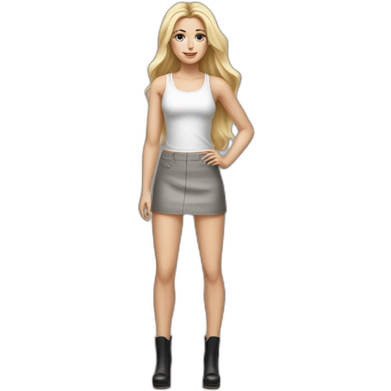 hyperrealist caucasian long blonde hair brown eyes woman white tank top gray tight mini skirt black high heel shoes full body emoji