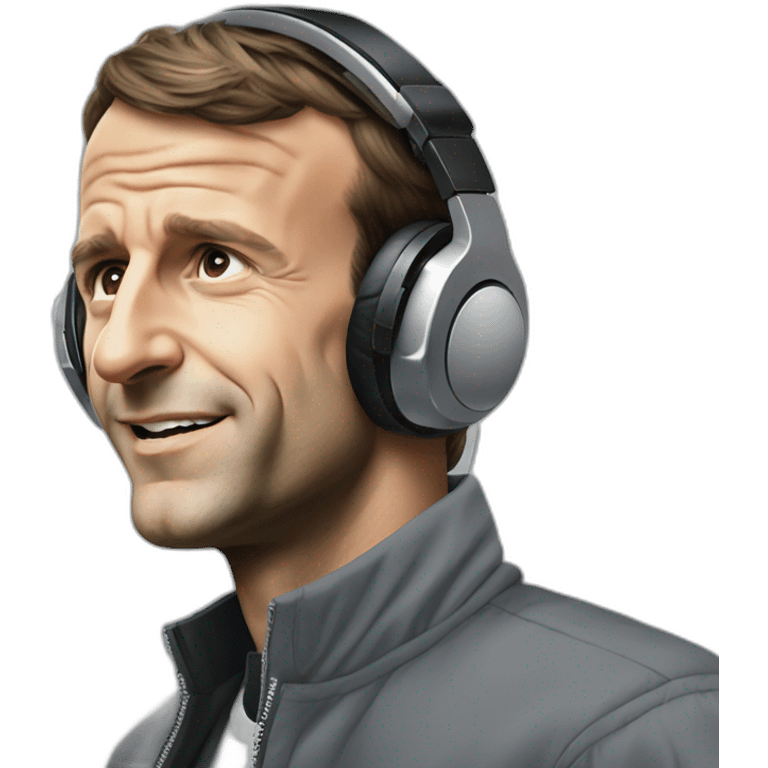 Emmanuel Macron wearing earphones vibing at the music emoji