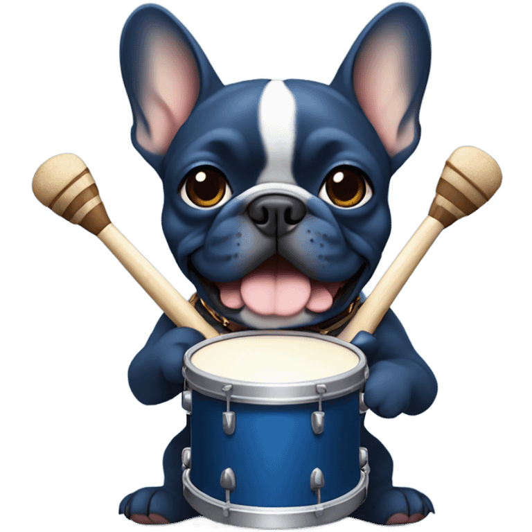 dark blue and tan french bulldog holding drumming emoji