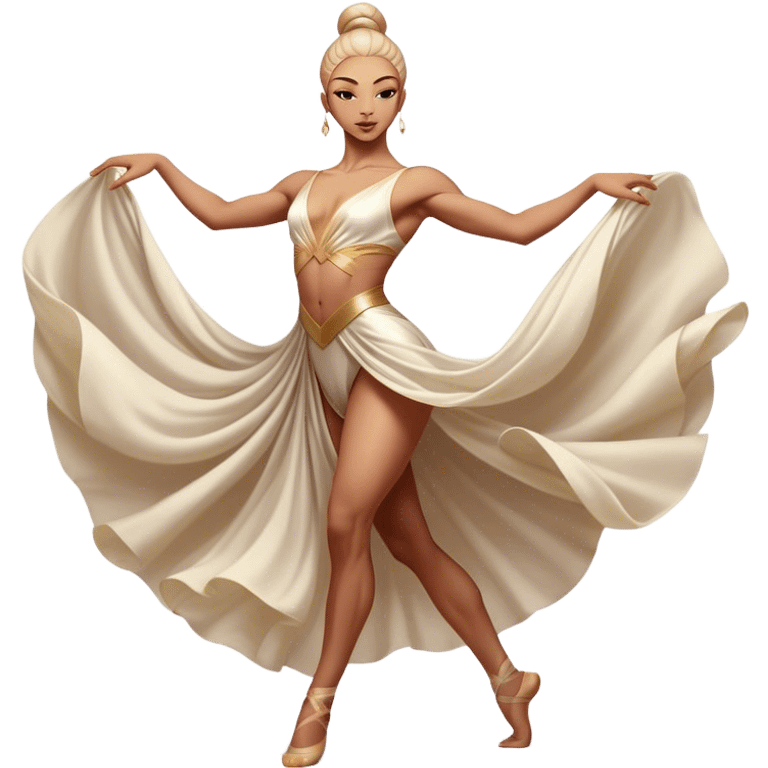 Cinematic Realistic Dance Poses, an elegant dancer mid-motion, muscles tensed with control, soft fabric of their attire flowing with movement, dramatic lighting highlighting the graceful lines, glowing with passion and poise. emoji