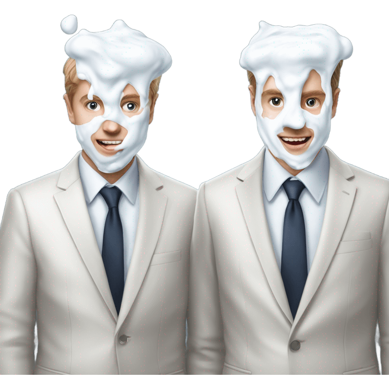 Two men covered in yogurt wearing suits with yogurt on both of their heads, and more yogurt on their suits, but white skin emoji