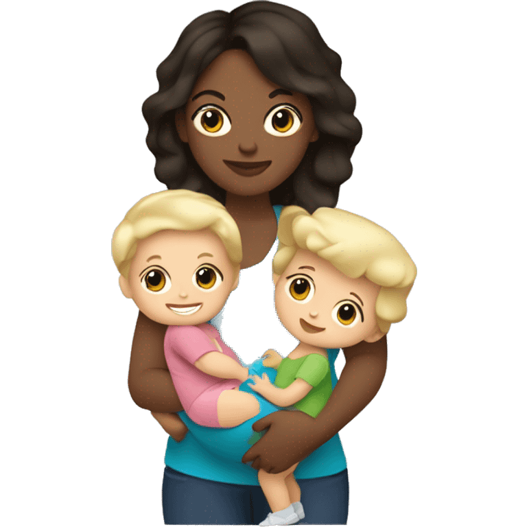 Brunette plus size mom, holding young blond boy and 18 month old blonde baby girl emoji