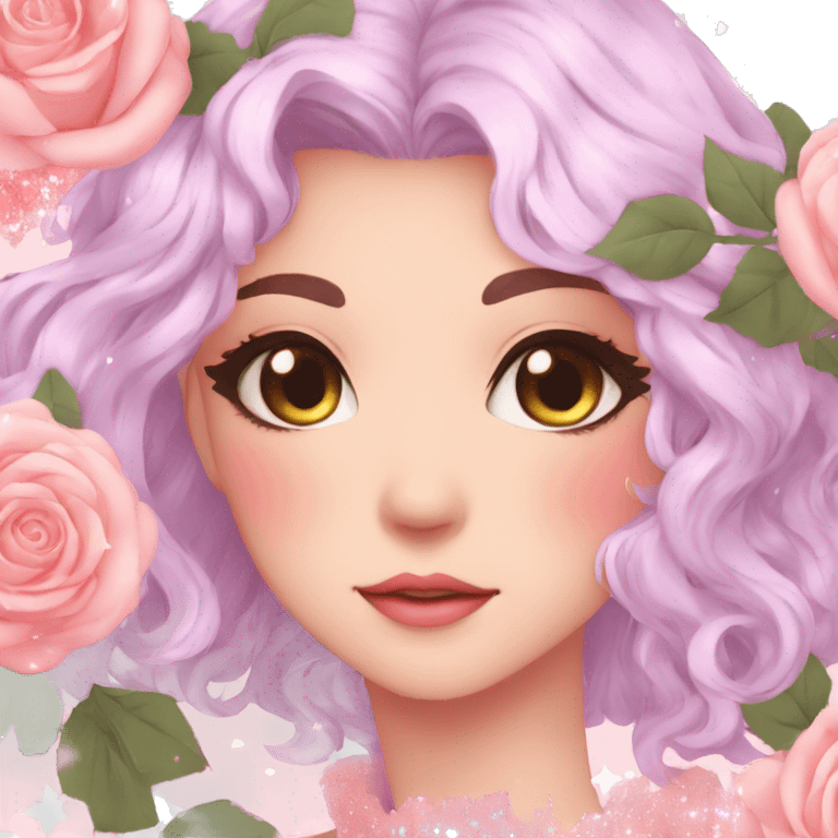 Gorgeous pastel anime style lady with blushing face and roses leaves glitter sparkle aesthetic trending style emoji