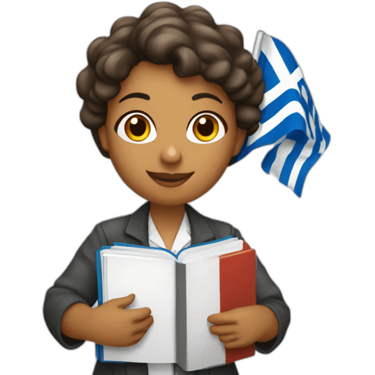 Woman scientist holding a Greek flag and a physics textbook emoji