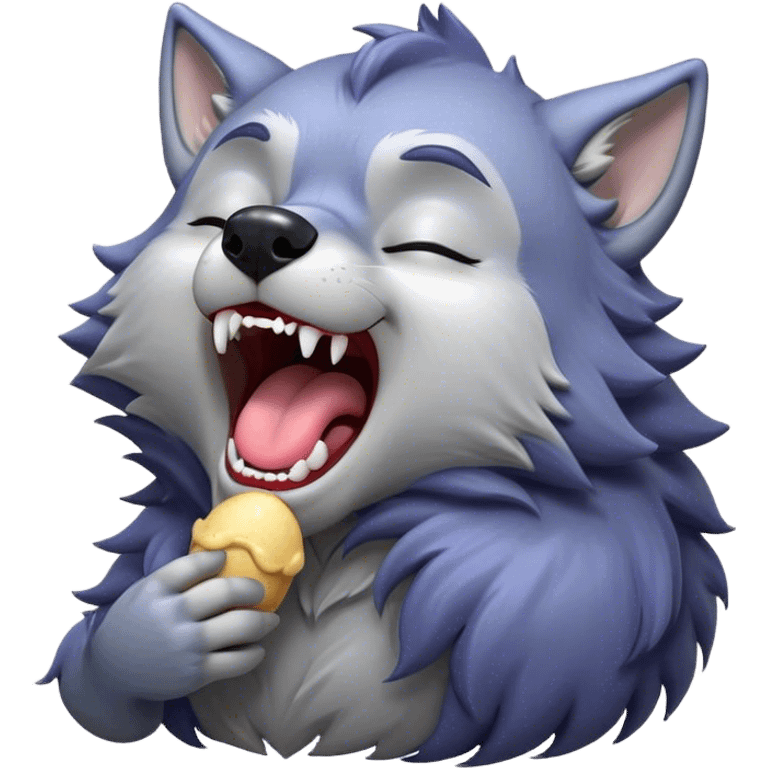 Cinematic Cute Yawning Werewolf Portrait Emoji, with a cuddly, miniature lupine form in soft moonlit grays and silvers, head leaning back in a big, adorable yawn that reveals a few fuzzy teeth, simplified yet irresistibly charming, highly detailed with a soft glowing outline that captures the drowsy, playful essence of a werewolf mid-nap! emoji