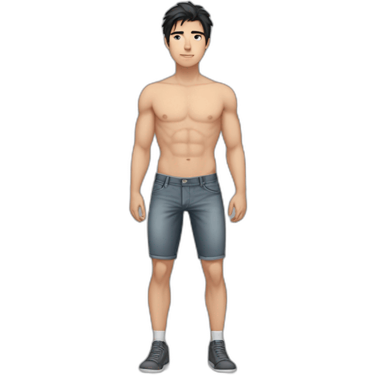 Guy, 20 y.o., black hair, amber eyes, white skin, full body with legs, without shirt, fit, abs, medicine urology emoji