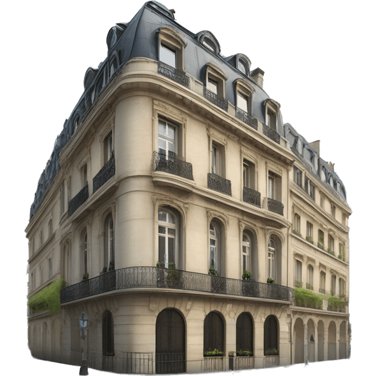 “Haussmannian building with ornate stone facade, wrought-iron balconies, tall arched windows, and mansard roof in classic Parisian style” emoji