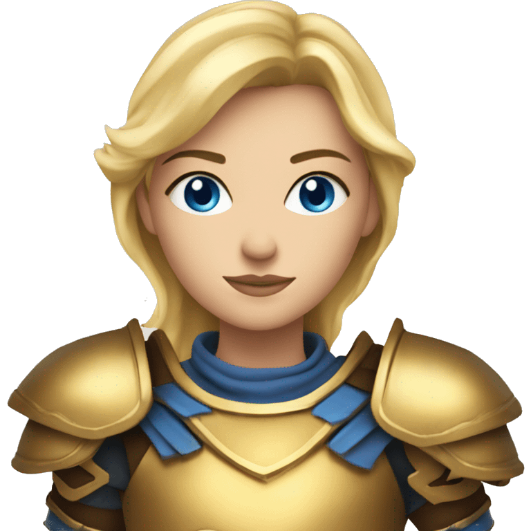 Blonde female warrior with blue eyes in gold armor with flames emoji