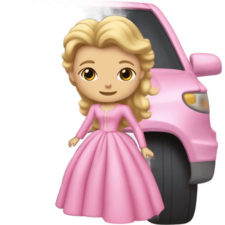 Glinda getting in her car wearing a pink dress and jacket  emoji