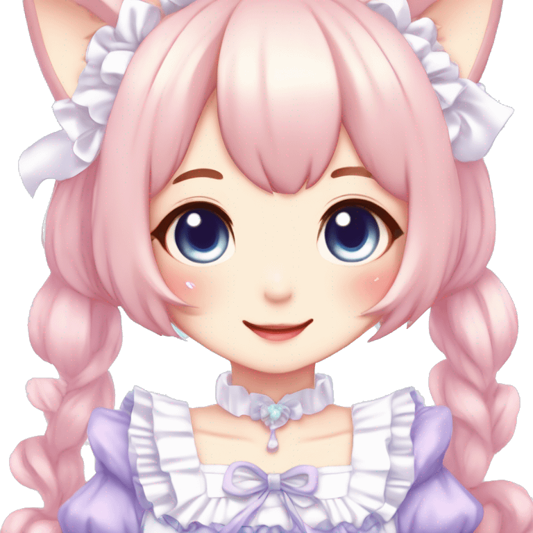 Gorgeous anime style catgirl blushing face maid outfit Lolita idol model colorful shiny sparkle kawaii pastelcore cottagecore pearly petite simplistic aesthetic trending style emoji