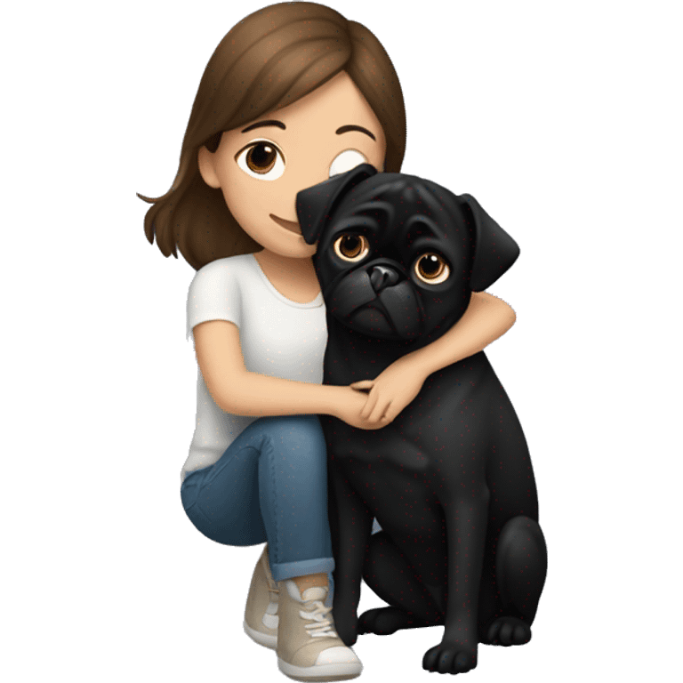 A girl with brown hair hugging a black pug dog emoji