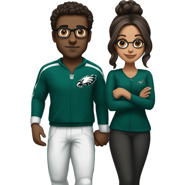 Brown guy and brown girl with glasses and hair in a bun in Philadelphia eagles clothes holding hands emoji