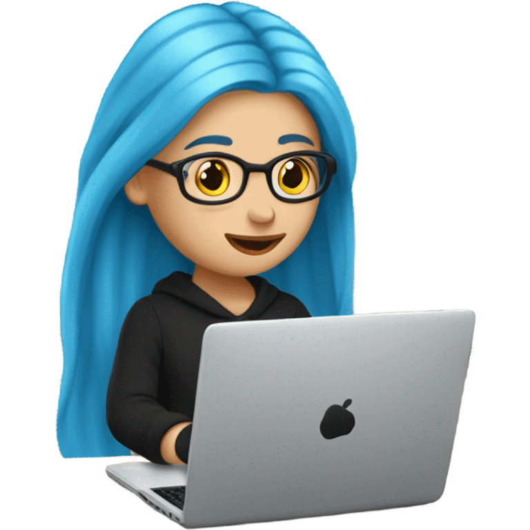 a white girl with long blue hair in a black sweatshirt is sitting at a laptop emoji