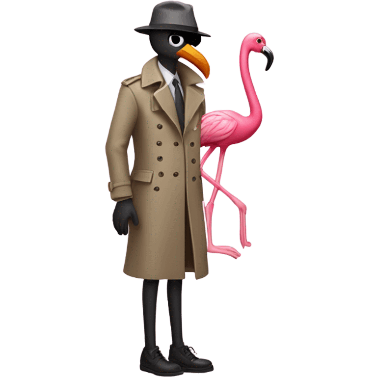 A flamingo in a detective trench coat, investigating a missing shoe emoji