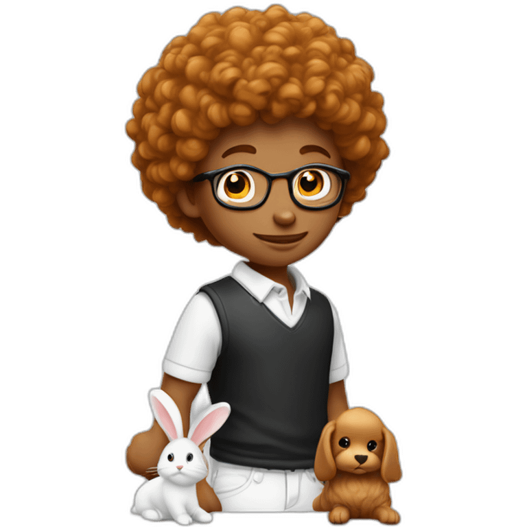 Garçon avec cheveux bouclé roux avec un lapin noir et blanc emoji