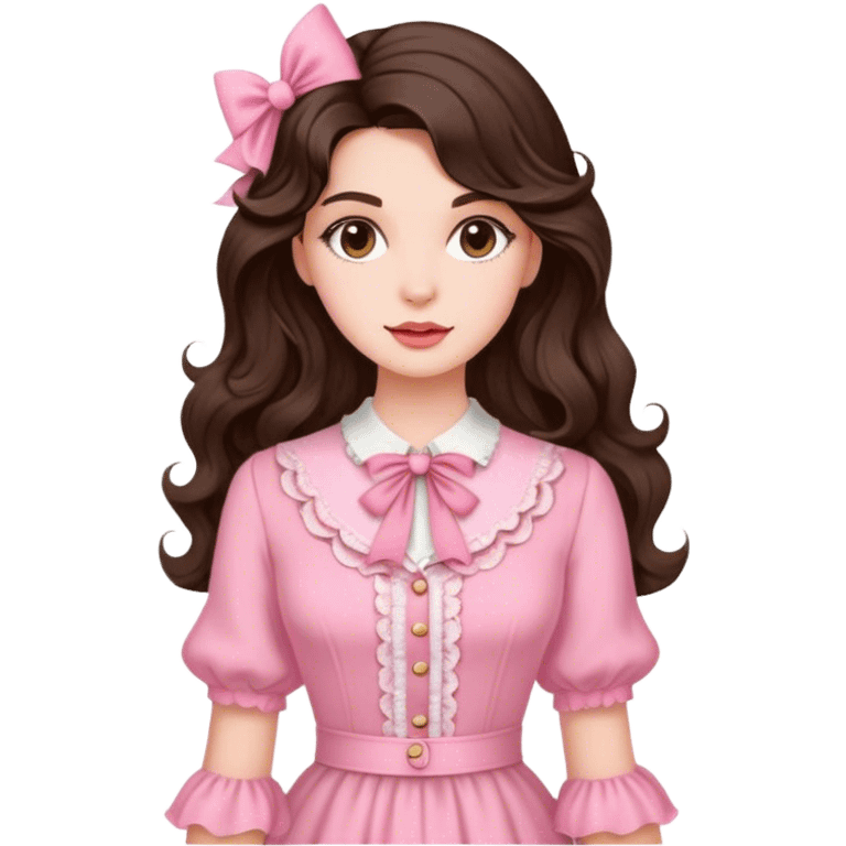 Brunette with long wavy  hair in pink vintage  emoji