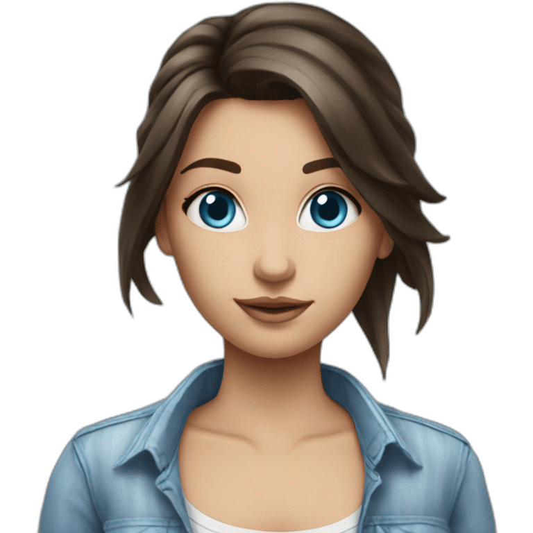 brunette girl with sky blue eyes in streaky shirt an jeans emoji