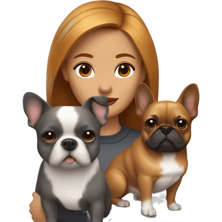 caramel hair woman with two dogs: a pomeranian and a dark gray french bulldog emoji