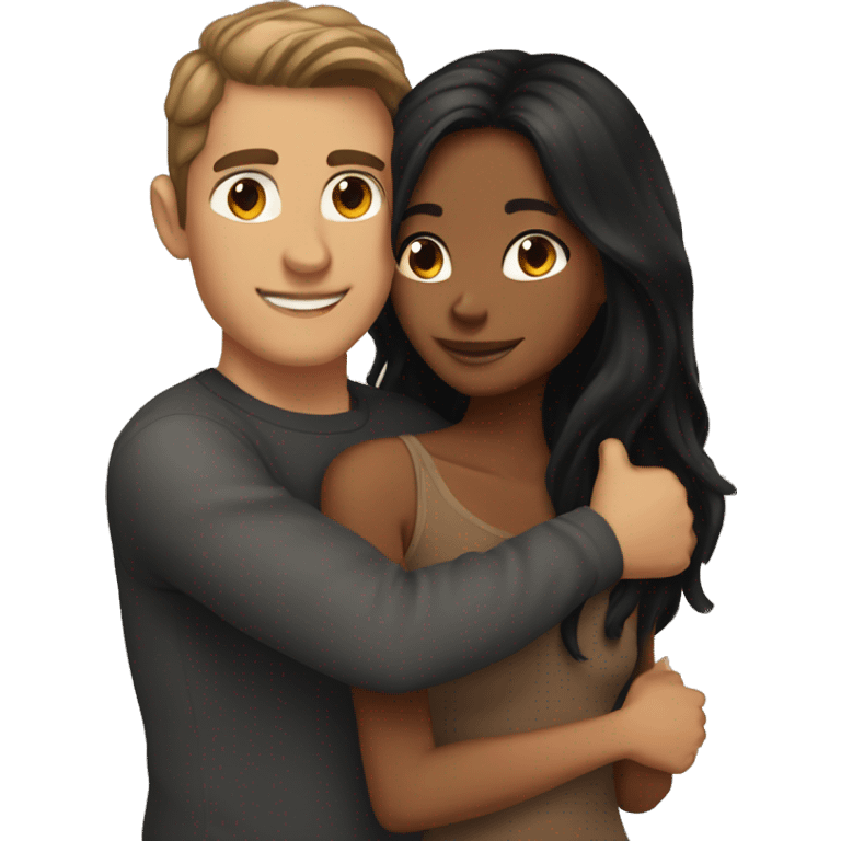 tan skin, Black long hair girl hugging with a fair skin man with brown hair on top emoji