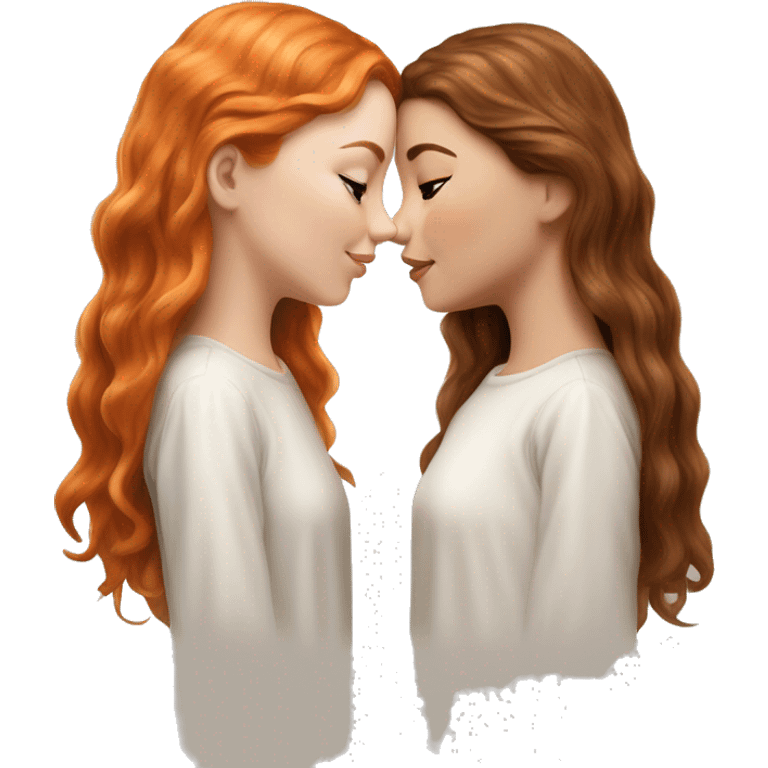 serene two white girls. one has wavy brunette hair and the other has natural soft orange hair delicate fringe. standing together kissing in gentle light. calm and content. hyper-realistic soft textures fine details glow on skin emoji