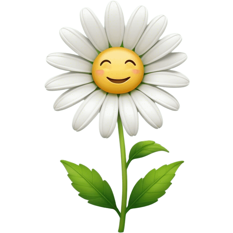 Cinematic Realistic Daisy Emoji, Cheerful and pure, with bright white petals surrounding a sunny yellow center, standing proudly atop a slender green stem. The soft, vibrant petals seem to radiate positivity, while a few green leaves frame the delicate flower. Soft glowing outline, capturing the essence of simplicity, innocence, and happiness in a single daisy. emoji