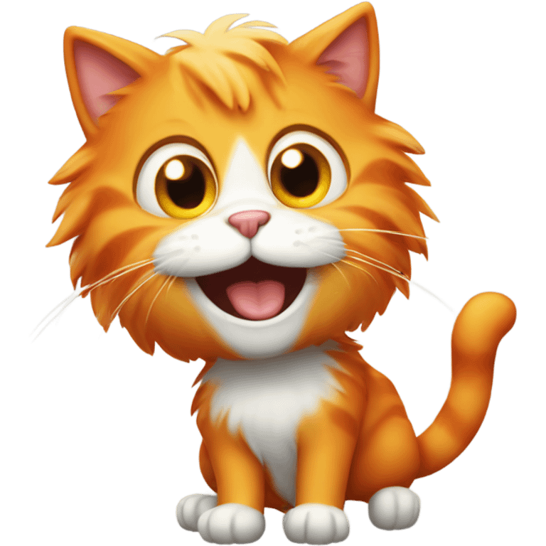 A playful cartoon cat with big eyes and orange fur, laughing with its mouth open. emoji