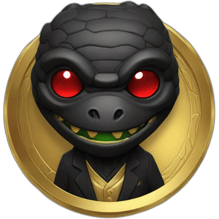 Reptiloid in black suite with red laser eyes on the gold coin emoji