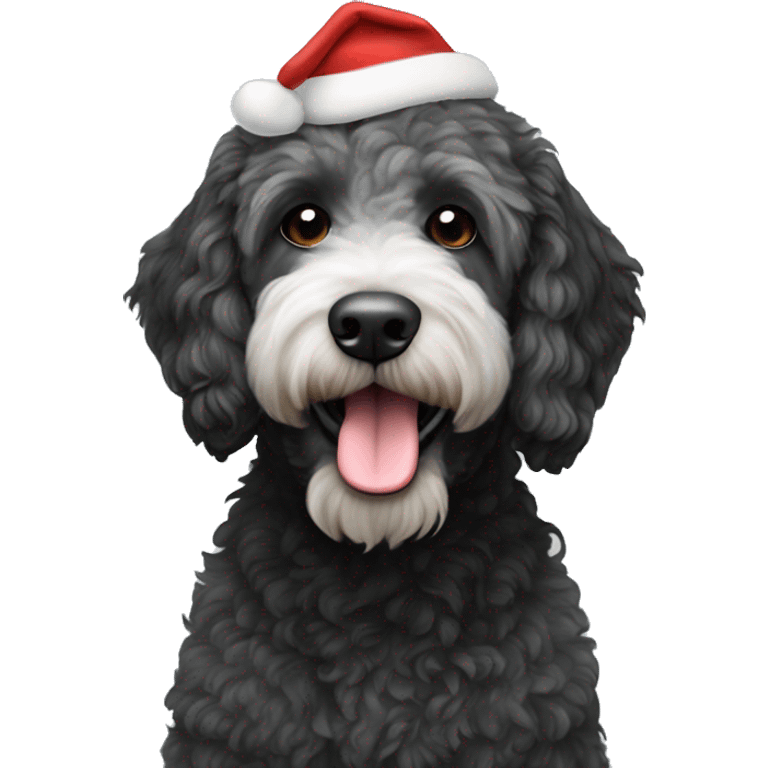 Black and white labradoodle wearing a Santa hat emoji