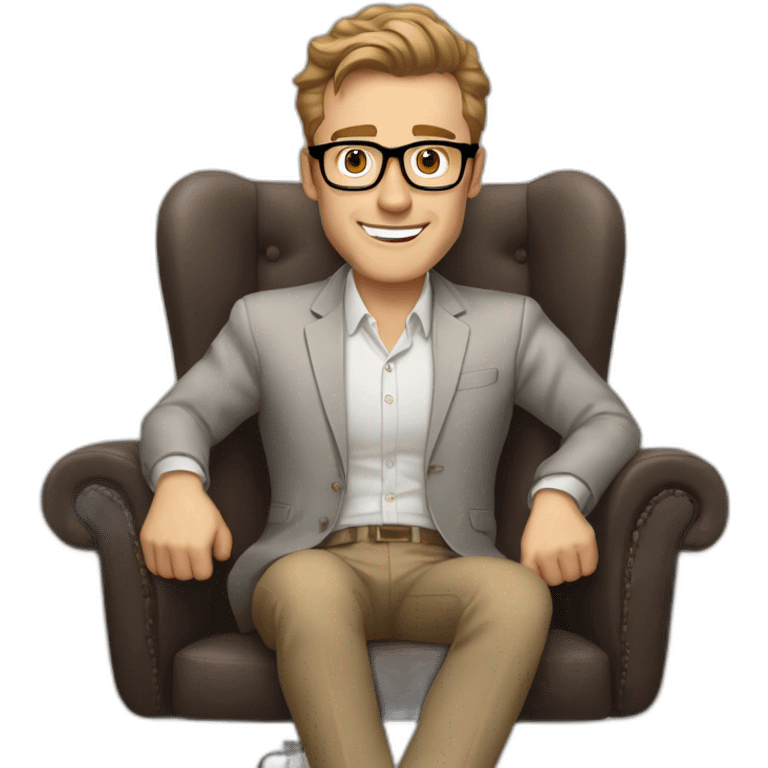 Joyful thrumbs up Pale skinned Fit Man With dark brown hair in gray jacket, beige office shirt, Brown pants and vintage glasses sitting In a soft chair emoji