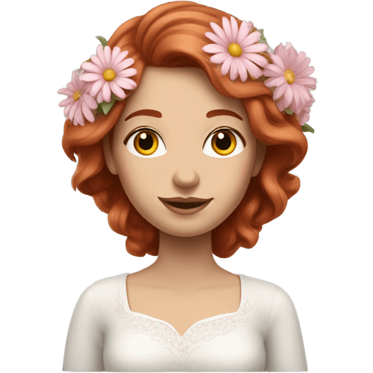 Realistic european woman with long red  hair with pink roses & white daisies in hair emoji