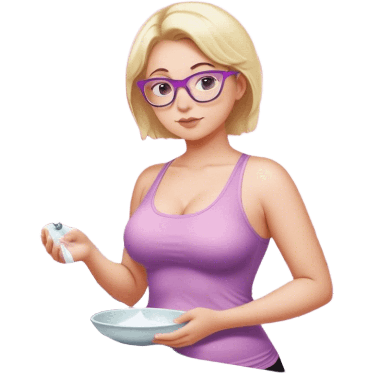 Seductive, Curvy fair skinned woman, short blond hair, small light purple reading glasses, washing dishes, SFW sheer pink tank top, without undergarments SFW, black yoga pants, thick booty emoji