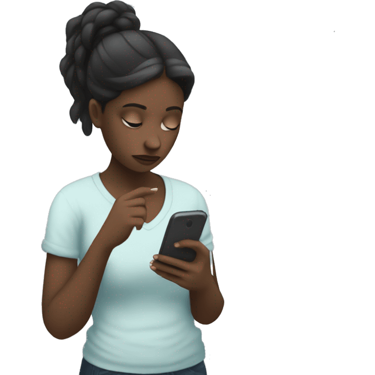 A girl with white skin and dark hair, with a sad face, holding her phone in her hand and typing a message, a message cloud on the side of it emoji