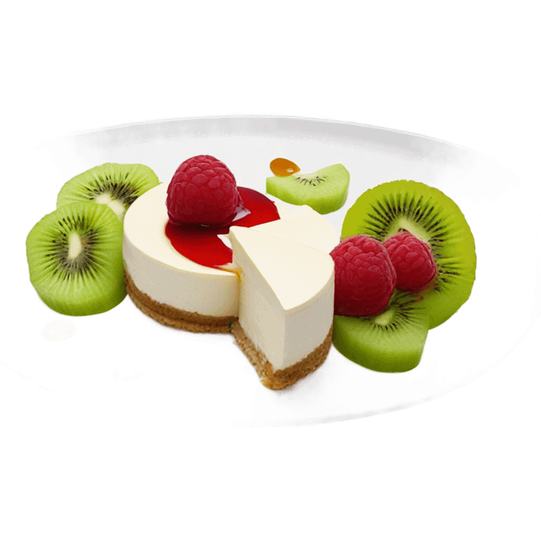 three cheesecakes with sour cream on top, raspberry jam and kiwi slices in a white plate emoji