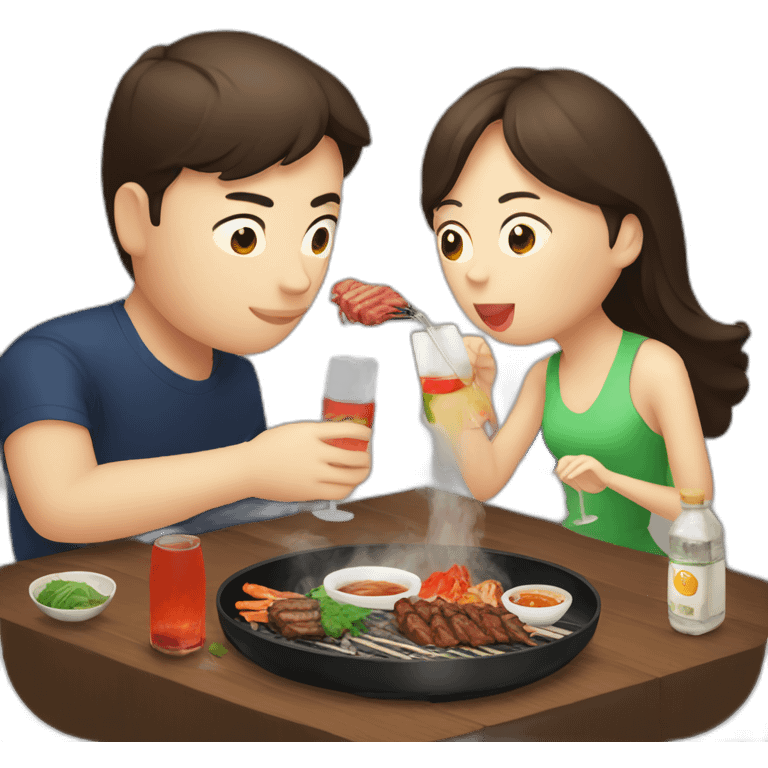 A couple eating Korean bbq and drinking soju emoji