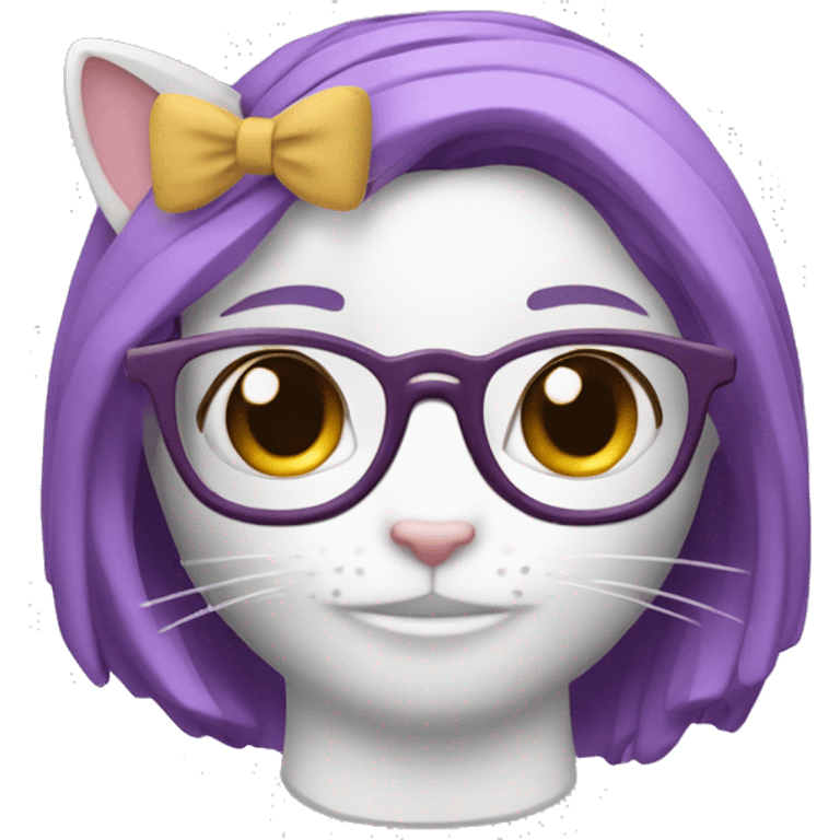 Ñiña de pelo cafe con una diadema de gato y lentes color morado pastel  emoji