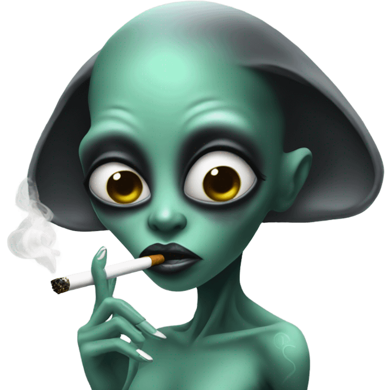 alien smoking a black cigarrete with an tatto in her forehead emoji