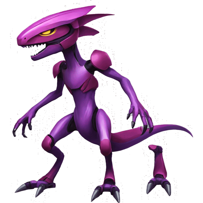 a Genesect-Raptor-Fakémon—hybrid with a futuristic visor-helmet full body emoji