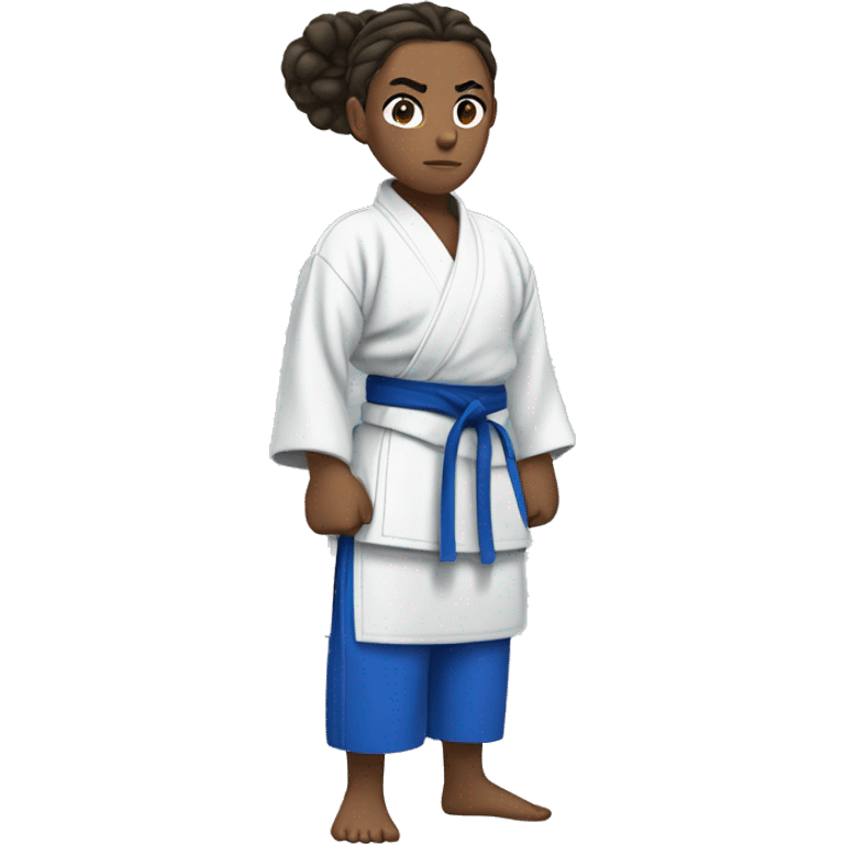 judo athlete blue robe, serious face, hair in a bun emoji