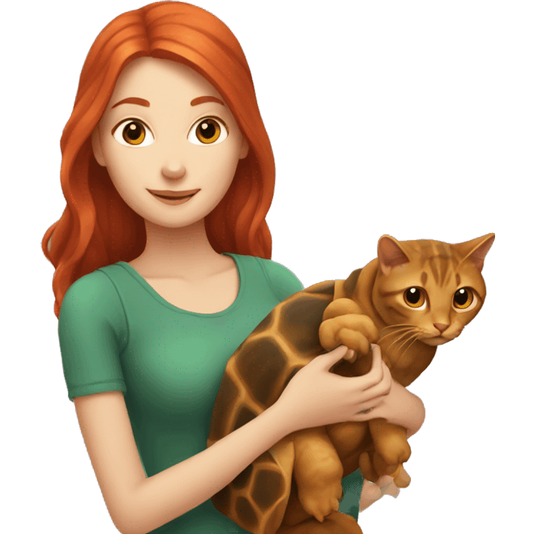 Red headed woman with long hair holding a tortoise cat emoji