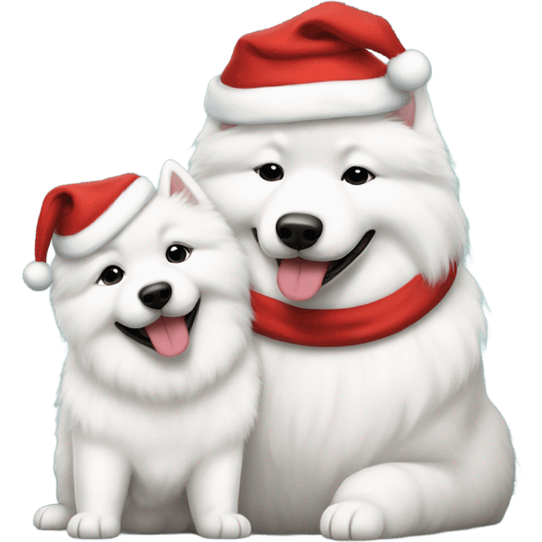 Mommy samoyed with puppy samoyed with Santa hats emoji