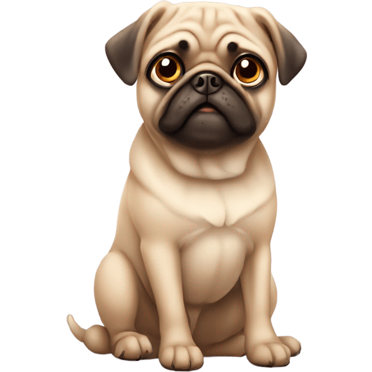 Cute beige pug sitting waiting for a treat, big eyes emoji