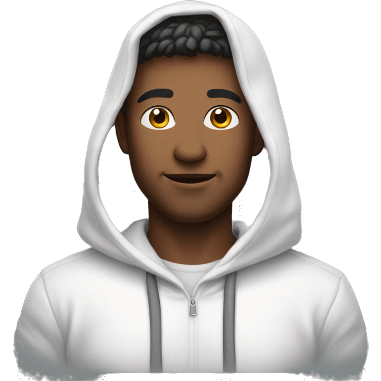 An emoji of a handsome man wearing a white hoodie, with the hood down, showing his hair, and standing confidently with a relaxed expression emoji