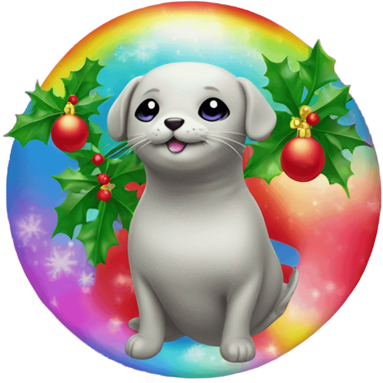 Lisa frank rainbow seal with Christmas holly  emoji