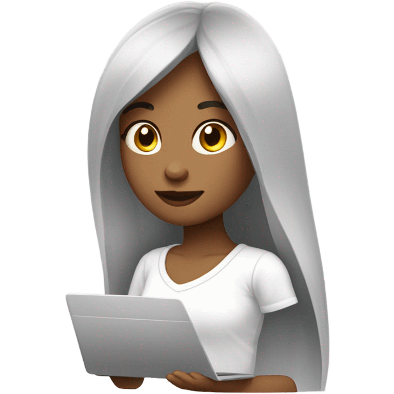 a girl with long straight hair and bangs working on a laptop (she is a marketer). wearing a white oversized t-shirt emoji