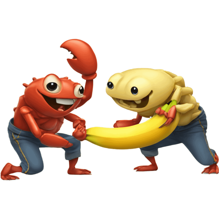 Two crabs playing tug-o-war with a banana emoji