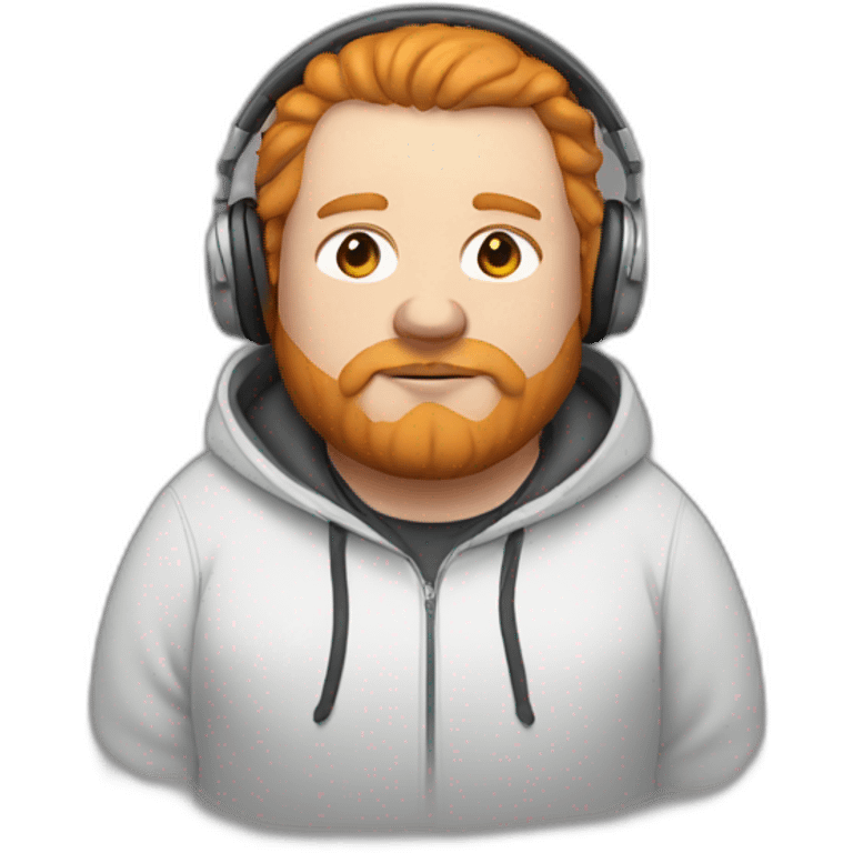 fat white man wearing a hoodie with a hood on, headphones on, ginger hair and beard emoji