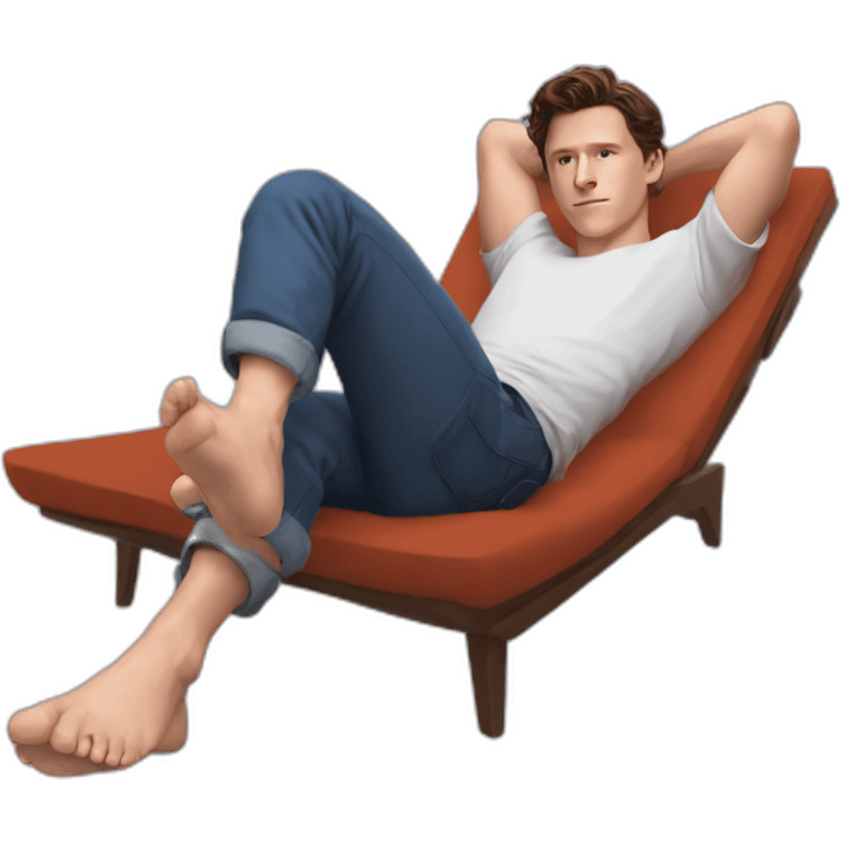 tom holland laying back, soles of feet towards camera emoji