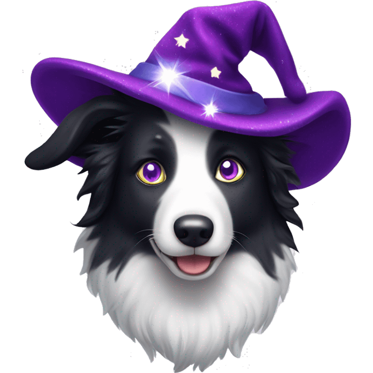 Border Collie with rainbow-coloured eyes wearing a purple velvet wizard hat covered with tiny, sparkling, silver stars. emoji