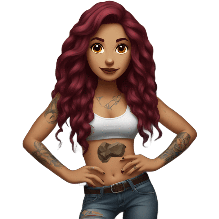 Beautiful tattooed woman long burgundy hair climbing rocks emoji